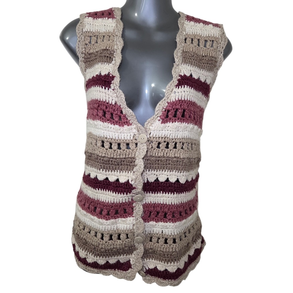 Y2K Crochet Vest Striped Boho Hippie Indie Cottagecore Button Front Womens Large